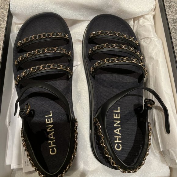 Chanel Platform Black & Gold Sandals Size 7 - Picture 1 of 10